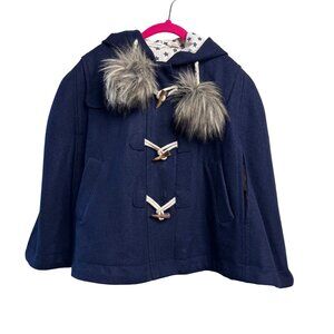 COUNTRY ROAD Wool Hooded Cape Girls 5 Navy Blue Winter Coat Faux Fur Pom Ties